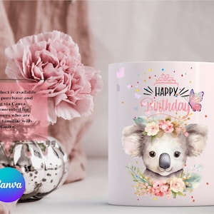 Cartão de aniversário de coala rosa | Cartão fofo de coala floral para impressão | Download digital | Cartão de aniversário de menina | Cartão de felicitações dobrável A4