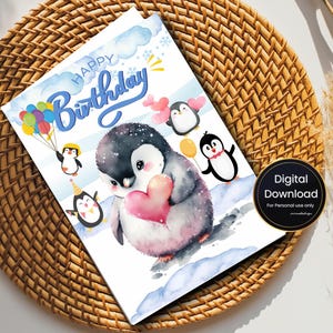 Cartão de aniversário de pinguim fofo | Cartão dobrável A4 para impressão em PNG | Cartão de aniversário digital para crianças