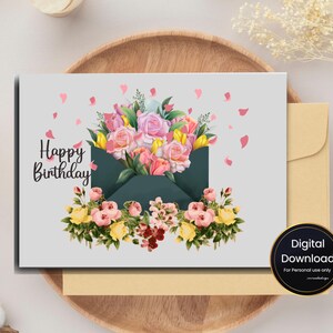 Cartão de Feliz Aniversário com Envelope Floral | Download Digital A4 PNG Dobrável | Cartão de Aniversário para Imprimir para Ela