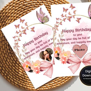 Modelo de cartão de aniversário editável | Cartão de felicitações faça você mesmo para imprimir | Download instantâneo | Design de laço floral rosa