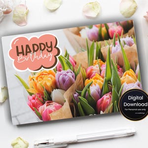 Cartão de aniversário para impressão com tulipas, cartão de felicitações dobrável A5, download digital instantâneo | Cartão A4 para impressão em casa | Cartão de feliz aniversário floral