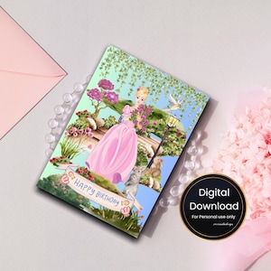 Princess Birthday Card Printable | Foldable A5 Card | Instant Download | Cute Fairy Tale Garden Theme | Digital Card for Girls
