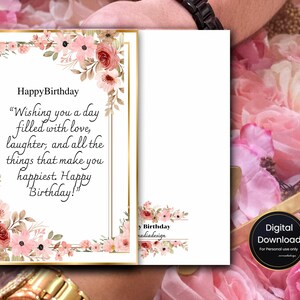 Cartão de aniversário floral para impressão | Cartão de felicitações dobrável de A4 para A5 | Download digital | Cartão de aniversário faça você mesmo para ela | Download instantâneo