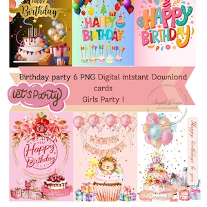 Geburtstagsparty Karten Set | 6 PNG Sofort-Download | Niedliche digitale Geburtstagseinladung oder Grußkarten | Rosa Pastell Party zum Ausdrucken