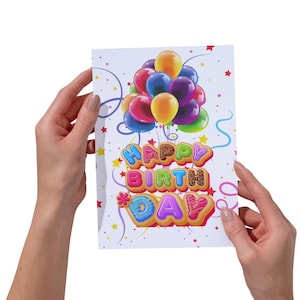 Cartão de aniversário com balão colorido – Cartão de felicitações divertido e festivo com “Feliz Aniversário” – Download instantâneo para crianças ou adultos