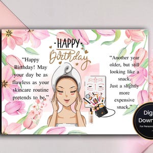 Cartão de aniversário divertido com tema de beleza para ela | Cartão de aniversário com tema de beleza para imprimir | Download digital | Presente de aniversário com spa e maquiagem para amiga