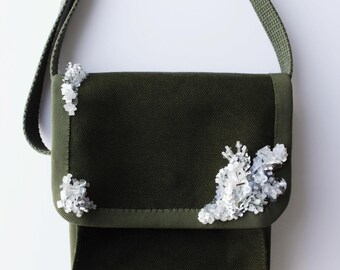 Embroidered Mini Shoulder Bag – One of a Kind Military Inspired Statement Bag | Crystal Bloom