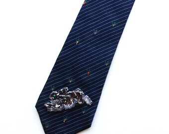 Hand Embroidered Vintage Tie - One of a Kind Statement Necktie with Rabbit Motif