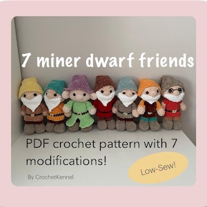 Patrón de crochet en PDF de 7 amigos enanos mineros, muñecos amigurumi de crochet de baja costura con 7 variaciones
