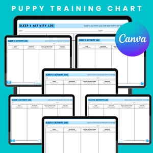 Könnte beinhalten: Ein Welpentrainings-Chart mit dem Text "Puppy Training Chart" oben. Das Chart enthält Abschnitte für Schlaf, Ernährung, soziale Interaktionen und Bewegung. Das Canva-Logo ist sichtbar.