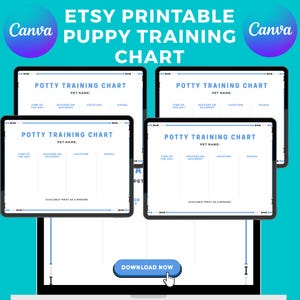 Könnte beinhalten: Ein digitaler, druckbarer Etsy-Welpentrainingsplan, der auf einem Laptop-Bildschirm angezeigt wird. Der Plan enthält Abschnitte für Zeit, Erfolg, Ort und Signal. Der Text "Potty Training Chart" ist sichtbar. Das Bild hat einen türkisfarbenen Hintergrund.