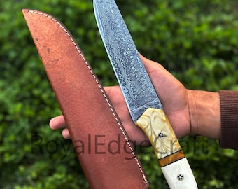 Handmade Damascus Steel Chef Knife: Razor Sharp Fillet Knife with Leather Sheath
