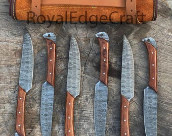 Handgemaakte damaststalen steakmessenset: steakmessen met palissander handvat, huwelijkscadeau, keukenmessen