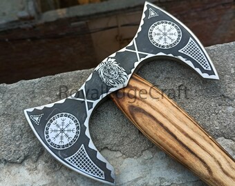 Hacha vikinga doble de acero con alto contenido de carbono forjada a mano: mango de madera de fresno