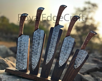 Handmade Damascus Steel Kitchen Knife Set with Rose Wood Handle & Magnetic Stand, Personalized chef knife set, Christmas gift