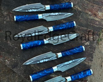 Handmade Carbon Steel Steak Knife Set: Resin Handle, Leather Kit