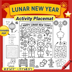 Lunar New Year Placemat | Printable Lunar New Year Coloring 2026 | Year of the Horse | Happy Chinese New Year | Kids Activity | CNY