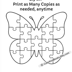 May include: Black and white butterfly-shaped puzzle with 20 pieces. The image includes the text "8.5"x11" Print as Many Copies as needed, anytime" and the Etsy shop name. The puzzle is designed for printing.