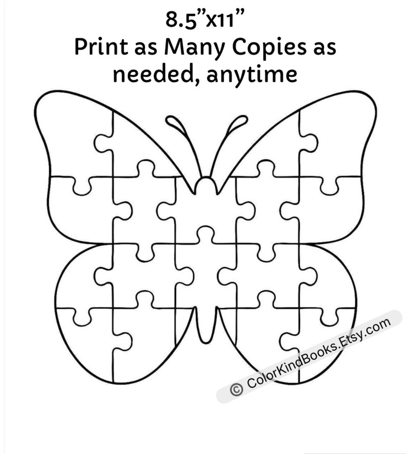 May include: Black and white butterfly-shaped puzzle with 20 pieces. The image includes the text "8.5"x11" Print as Many Copies as needed, anytime" and the Etsy shop name. The puzzle is designed for printing.