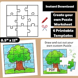 6 Printable Puzzle Outline Templates | Create your Own Puzzle Worksheet PDF | Custom Puzzle DIY | Color your own Jigsaw Puzzle | Color & Cut image 1