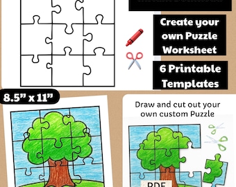 6 Printable Puzzle Outline Templates | Create your Own Puzzle Worksheet PDF | Custom Puzzle DIY | Color your own Jigsaw Puzzle | Color & Cut