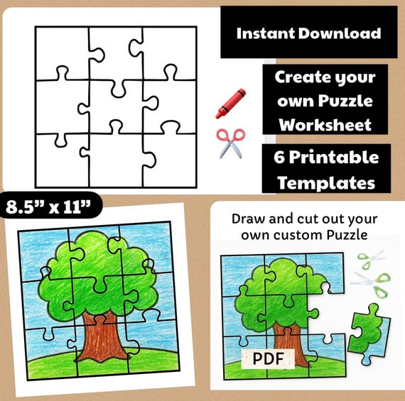 6 Printable Puzzle Outline Templates | Create your Own Puzzle Worksheet PDF | Custom Puzzle DIY | Color your own Jigsaw Puzzle | Color & Cut