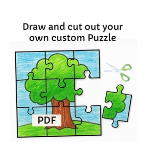 May include: A custom puzzle with a tree drawing, featuring a green canopy and brown trunk, set against a blue sky background. The puzzle is partially assembled, with one piece detached. The text "Draw and cut out your own custom Puzzle" is displayed.