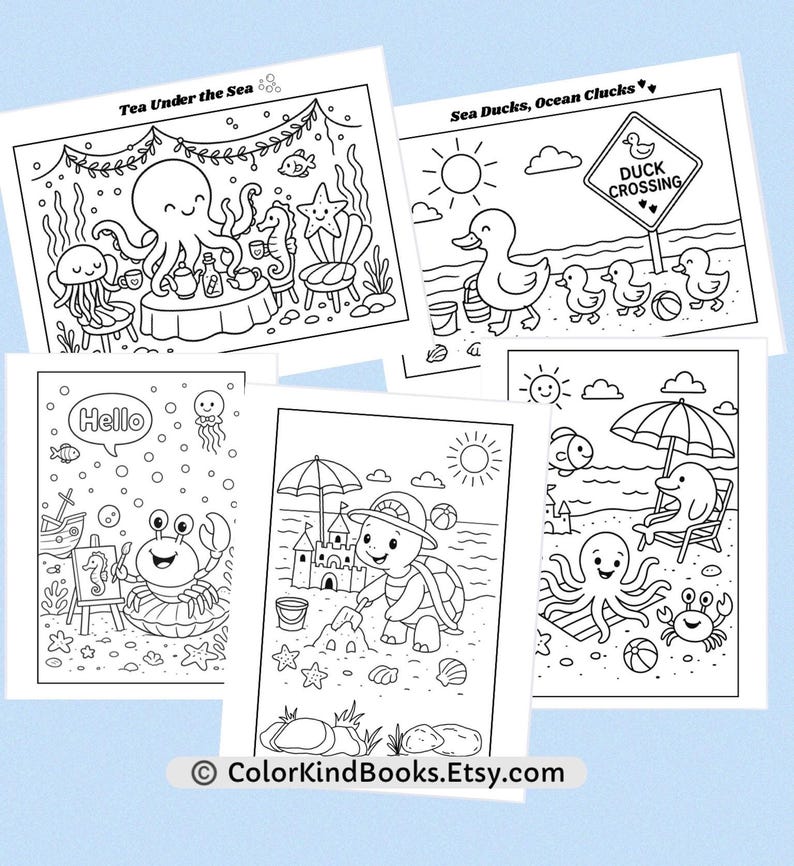 Ocean Animals Coloring Pages, Printable Sea Animals, Kids Travel Coloring Activity, Beach Coloring Pages for Kids, Marine Animals Coloring image 3