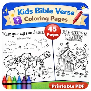 May include: A Kids Bible Verse Coloring Pages book with the text "Keep your eyes on Jesus" and "God Holds the Key". The cover features illustrations of children, a telescope, a church, and a cross. Includes 45 pages. Comes with a set of crayons.
