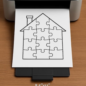 May include: A black and white printer is printing a sheet of paper with a house-shaped puzzle design. The paper size is 8.5" x 11". The text "Easy Unlimited Printing" is at the bottom of the paper.
