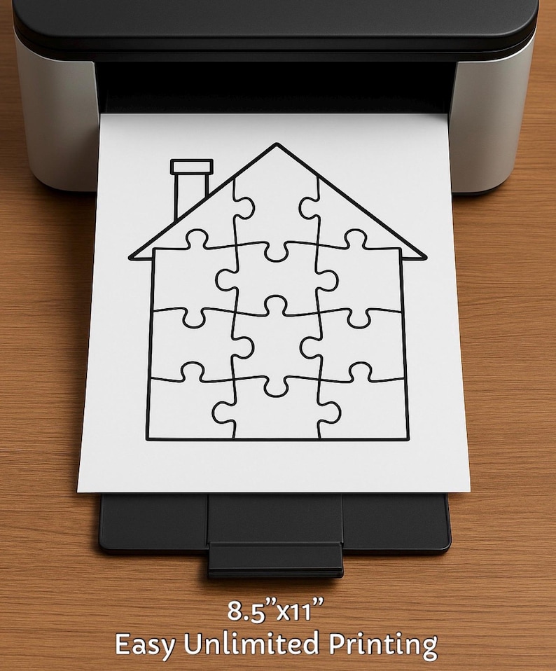 May include: A black and white printer is printing a sheet of paper with a house-shaped puzzle design. The paper size is 8.5" x 11". The text "Easy Unlimited Printing" is at the bottom of the paper.