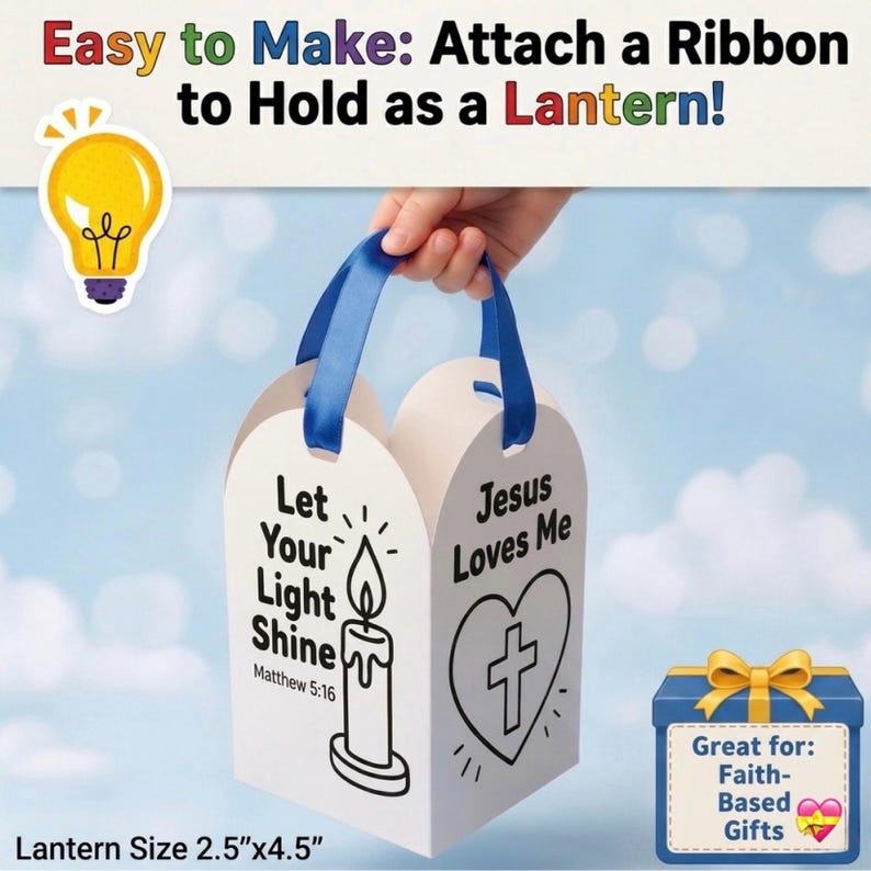 May include: A white paper lantern craft with a blue ribbon handle. The lantern features black printed text reading Let Your Light Shine Matthew 5:16 and Jesus Loves Me with a candle and heart cross graphic. The lantern measures 2.5 inches by 4.5 inches.