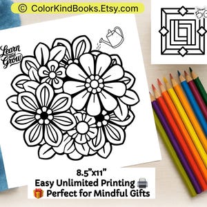 May include: A black and white colouring page featuring a floral bouquet with a small watering can and the text Learn and Grow. A separate square geometric design with the text Dream Big is included. A row of coloured pencils sits to the side.