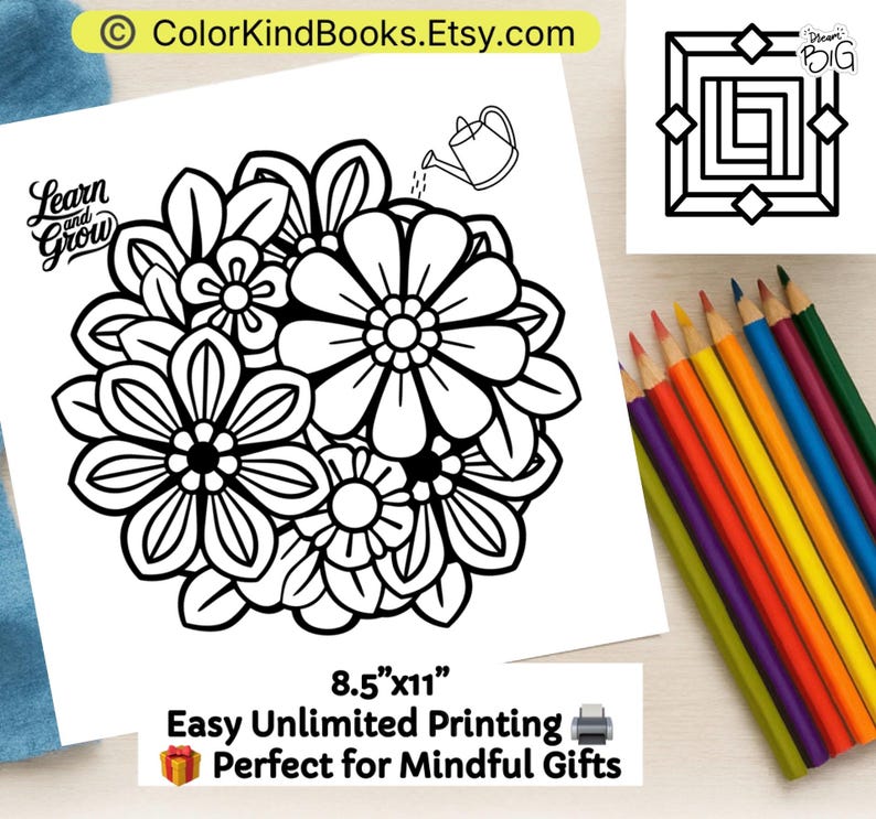 May include: A black and white colouring page featuring a floral bouquet with a small watering can and the text Learn and Grow. A separate square geometric design with the text Dream Big is included. A row of coloured pencils sits to the side.