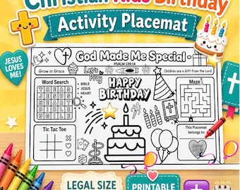 Christian Kids Birthday | Printable Bible Activity Placemat | Sunday School Birthday | Kids Church Birthday Party | Jesus Theme Birthday