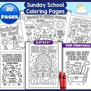 May include: A collection of 20 Sunday School coloring pages, each with a different religious theme. The pages include illustrations of a lighthouse, a rainbow, and children singing. The pages are 8.5" x 11" and include the text "PDF Printable". Two red crayons are included.