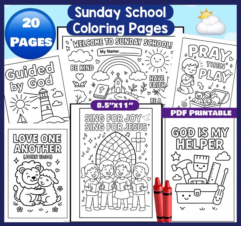 May include: A collection of 20 Sunday School coloring pages, each with a different religious theme. The pages include illustrations of a lighthouse, a rainbow, and children singing. The pages are 8.5" x 11" and include the text "PDF Printable". Two red crayons are included.