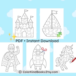 May include: A collection of five black and white puzzle designs: a castle, a sailboat, a superhero, a rocket, and a unicorn. The text "PDF &bull; Instant Download" is displayed above the images. The Etsy shop name "ColorKindBooks.Etsy.com" is at the bottom.