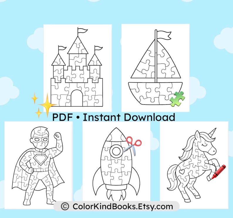 May include: A collection of five black and white puzzle designs: a castle, a sailboat, a superhero, a rocket, and a unicorn. The text "PDF &bull; Instant Download" is displayed above the images. The Etsy shop name "ColorKindBooks.Etsy.com" is at the bottom.