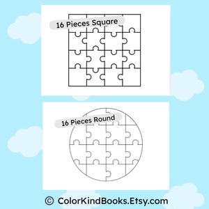 May include: Two white puzzles, one square and one round, each with 16 pieces. The square puzzle is above the round puzzle. The text "16 Pieces Square" and "16 Pieces Round" are above each puzzle. The background is light blue with white clouds.