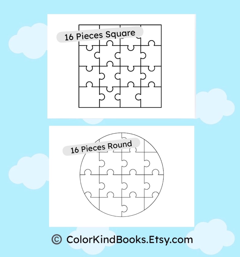 May include: Two white puzzles, one square and one round, each with 16 pieces. The square puzzle is above the round puzzle. The text "16 Pieces Square" and "16 Pieces Round" are above each puzzle. The background is light blue with white clouds.