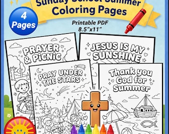 Sunday School Summer Coloring Pages, Printable Summer Bible Activities, Bible Camp, Church Summer Camp, Christian Kids Summer Coloring, VBS