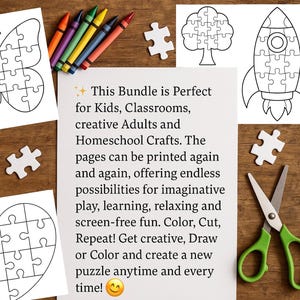 May include: A collection of printable puzzles, including a butterfly, tree, rocket, and heart, with crayons and scissors. Text on the page reads: "This Bundle is Perfect for Kids, Classrooms, creative Adults and Homeschool Crafts."