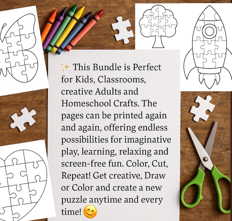 May include: A collection of printable puzzles, including a butterfly, tree, rocket, and heart, with crayons and scissors. Text on the page reads: "This Bundle is Perfect for Kids, Classrooms, creative Adults and Homeschool Crafts."