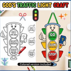 Puede incluir: Un kit de manualidades God's Traffic Light que incluye una página para colorear en blanco y negro y una versión terminada a color. El diseño muestra un semáforo de dibujos animados con cara, sosteniendo una Biblia, con el texto Go With Jesus, Slow Down And Pray, Stop And Listen To God.
