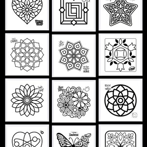 May include: A collection of 26 printable PDF pages featuring bold, black and white mandala designs and geometric patterns. Each square page contains intricate line art, including hearts, stars, flowers, and butterflies, with inspirational text phrases.