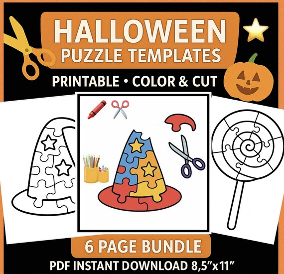 6 Printable Halloween Puzzle Templates | DIY Halloween Craft for Kids and Adults | Color & Cut Activity | Halloween Coloring Pages PDF