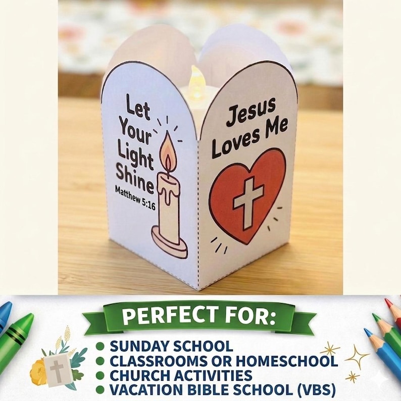 May include: A white paper lantern craft featuring a candle illustration with the text Let Your Light Shine Matthew 5:16 and a red heart graphic containing a white cross with the text Jesus Loves Me, illuminated by a small LED tea light inside.