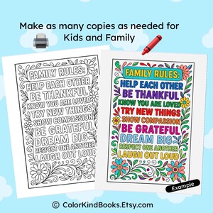 Op de afbeelding: Twee kleurplaten met de tekst "Familie Regels" en positieve affirmaties. E&eacute;n pagina is zwart-wit, de andere is gekleurd. De pagina's zijn versierd met bloemmotieven en de tekst "Maak zoveel kopie&euml;n als nodig is voor kinderen en familie".