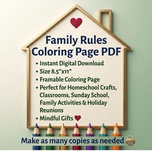 Op de afbeelding: Een digitale PDF kleurplaat getiteld "Family Rules" in een huisvormige lijst. De tekst bevat "Directe digitale download" en "Afmeting 21,6 cm x 27,9 cm". De afbeelding toont ook een rij kleurpotloden en de zin "Maak zoveel kopie&euml;n als nodig".